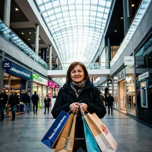 Člověk nakupující v moderním centru v Bratislavě