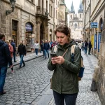 Osoba, která hledá, kde najít bankomat s eurem, kontroluje svůj mobilní telefon před cestou.