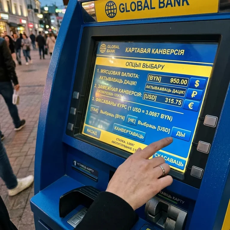 Detailní pohled na obrazovku žlutomodrého bankomatu s nabídkou DCC konverze.