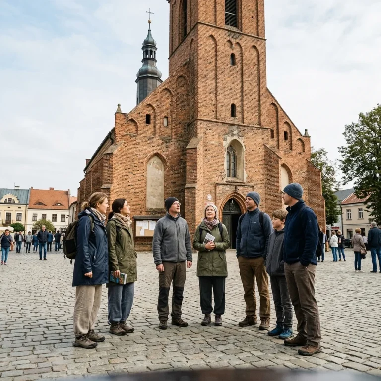 Konzervativní oblečení turistů před historickým kostelem v Polsku