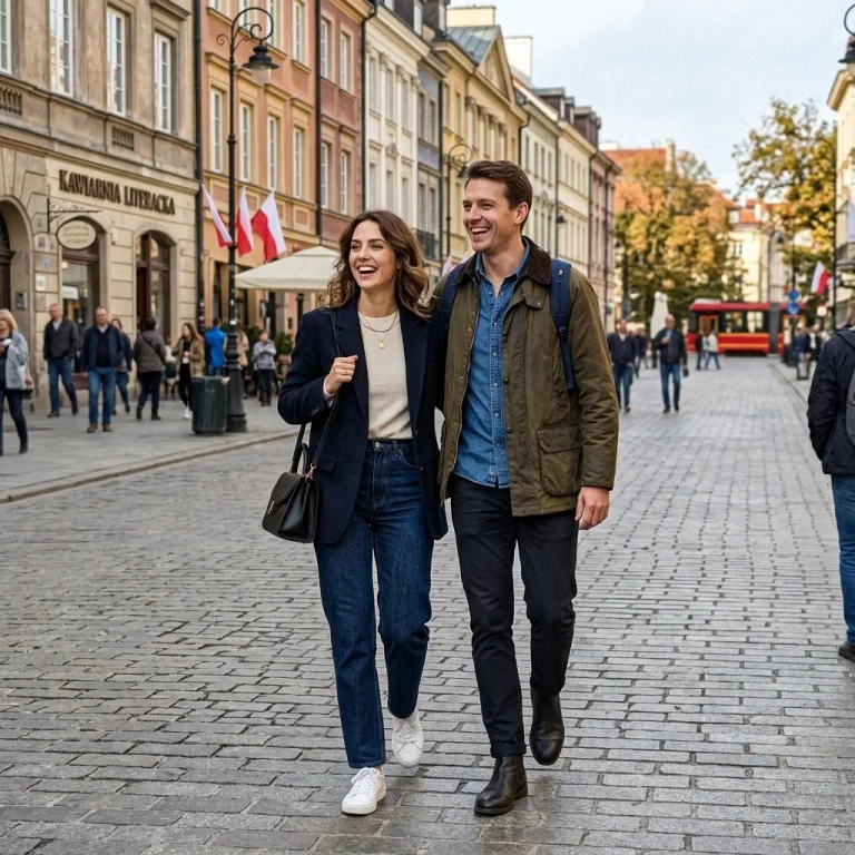 Elegantní muž a žena procházející se ulicemi Varšavy, demonstrující polský smart casual styl