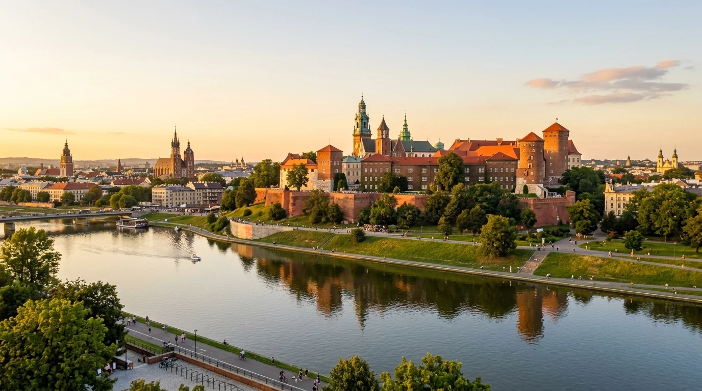 Královský hrad Wawel v Krakově nad řekou Vislou při západu slunce