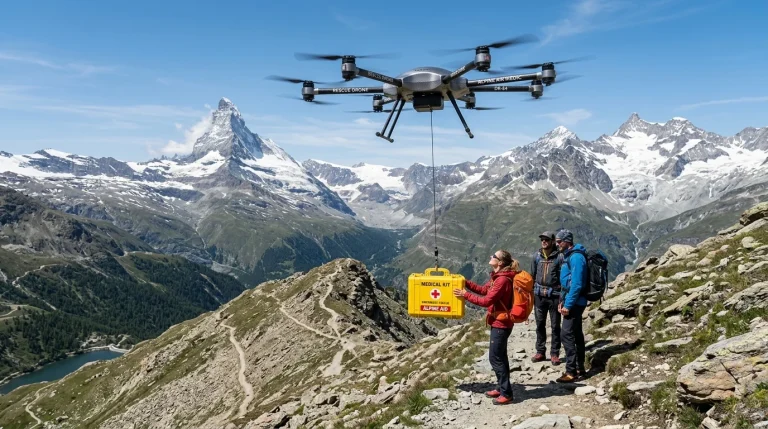 Umí dron přinést věci? — Doručovací drony v turistice a záchraně 1 Doručovací hexakoptéra spouští záchranný box na laně k turistům na horské stezce