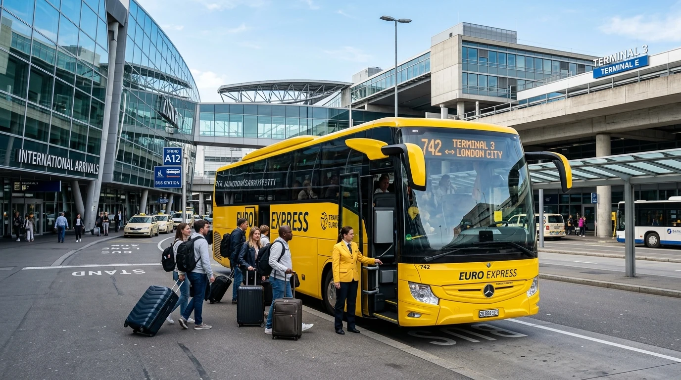 Autobus RegioJet na zastávce před Terminálem 1 Letiště Václava Havla v Praze