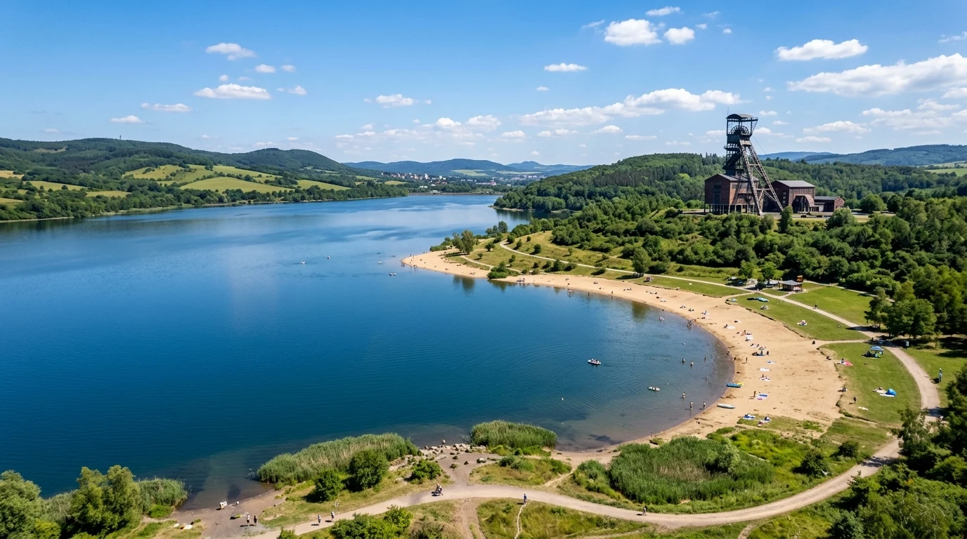 Rekultivované jezero s písečnou pláží a historickou těžní věží v Čechách