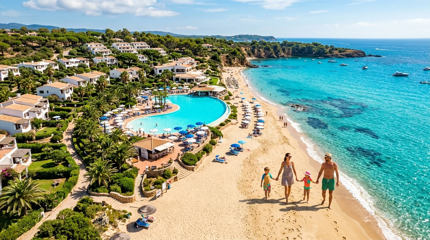 Letecký pohled na letní prázdninový resort s bazénem, pláží a tyrkysovým mořem