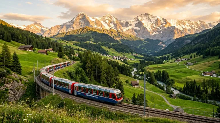 Moderní panoramatický vlak projíždějící horskou alpskou krajinou